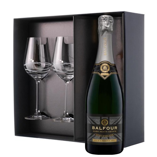 This luxurious gift set is the perfect choice for those who appreciate fine sparkling wine and refined glassware. Featuring a bottle of Balfour Leslies Reserve Brut English Sparkling 75cl paired with two exquisite Venezia Glasses adorned with Swarovski Crystals, this set is beautifully presente